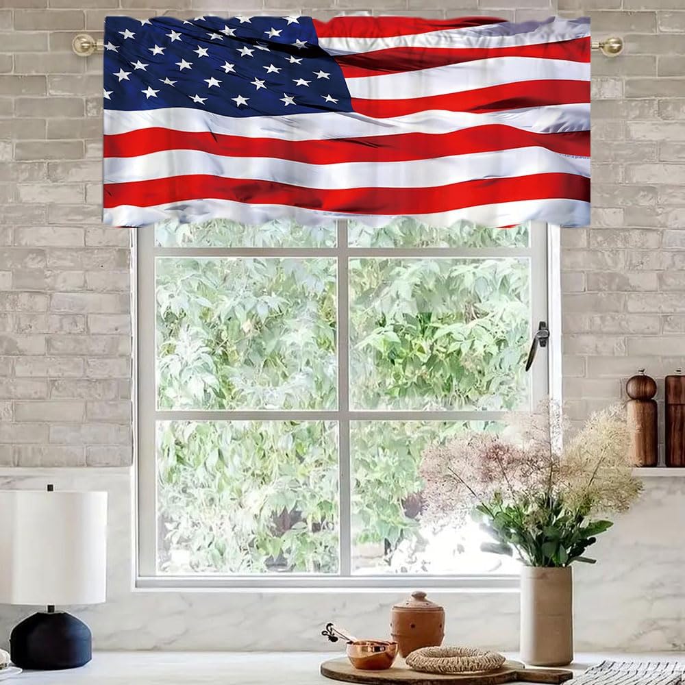 Yongqian 54x18 Inches Independence Day USA Flag Window Treatment Valance Kitchen Blackout Drapes Bathroom Bedroom Living Room Fabric Decorations Supplies Curtains Polyester