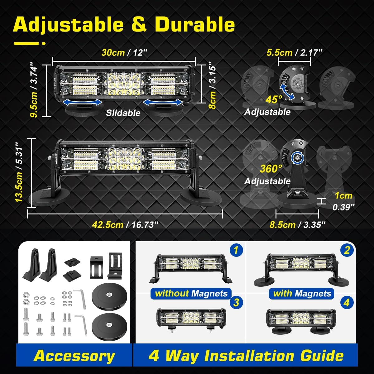 Magnetic Light Bar 12V, 12 Inch Portable Cigarette Lighter Magnetic Spotlight for Car, Super Bright Strong Magnets Adjustable 4 Way Mount LED Work Light Bar for 4X4 ATV Trailer Van Truck Boat