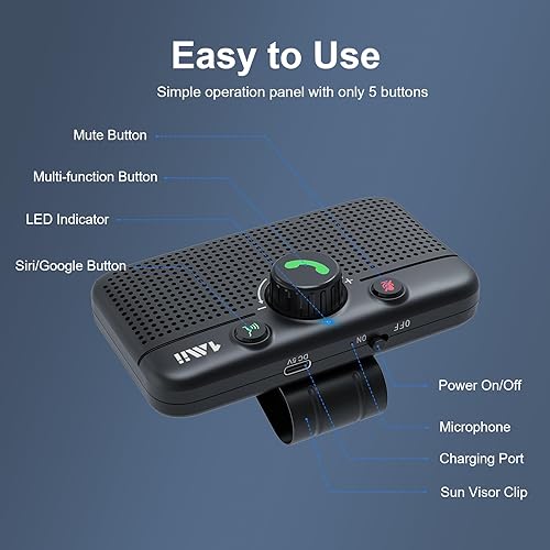Miniatura 7 de 1Mii Altavoz Bluetooth 5.3 para automóvil, manos libres Bluetooth para teléfono celular, encendido automático de movimiento, asistente de voz para