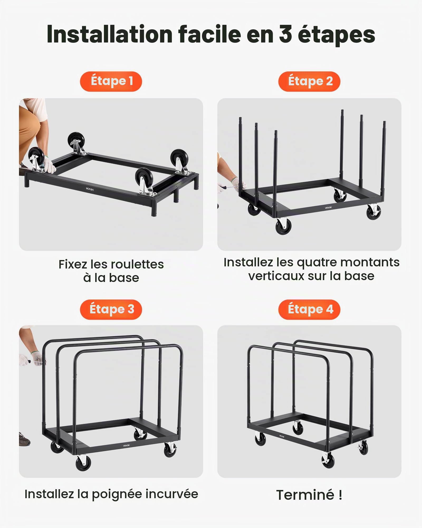 VEVOR Chariot Porte-plaques de Plâtre, Charge 816,5 kg, Chariot Porte-panneaux de Cloisons Sèches, avec Roulettes Pivotantes, Sangle d'Arrimage, Rampes Latérales, pour Transport, Usine, Entrepôt, Noir