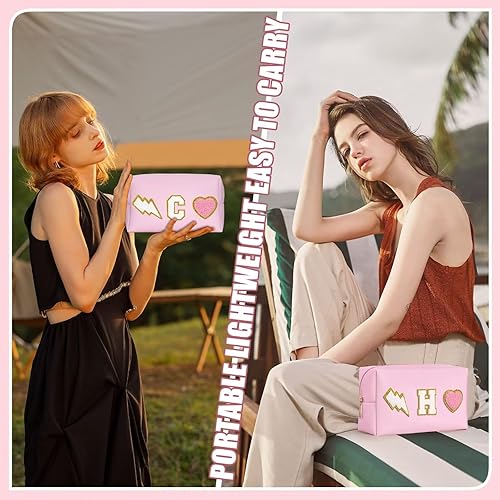 Miniatura 5 de Bolsa de maquillaje preppy con inicial, regalo personalizado para mujeres, Rosado, Small (3