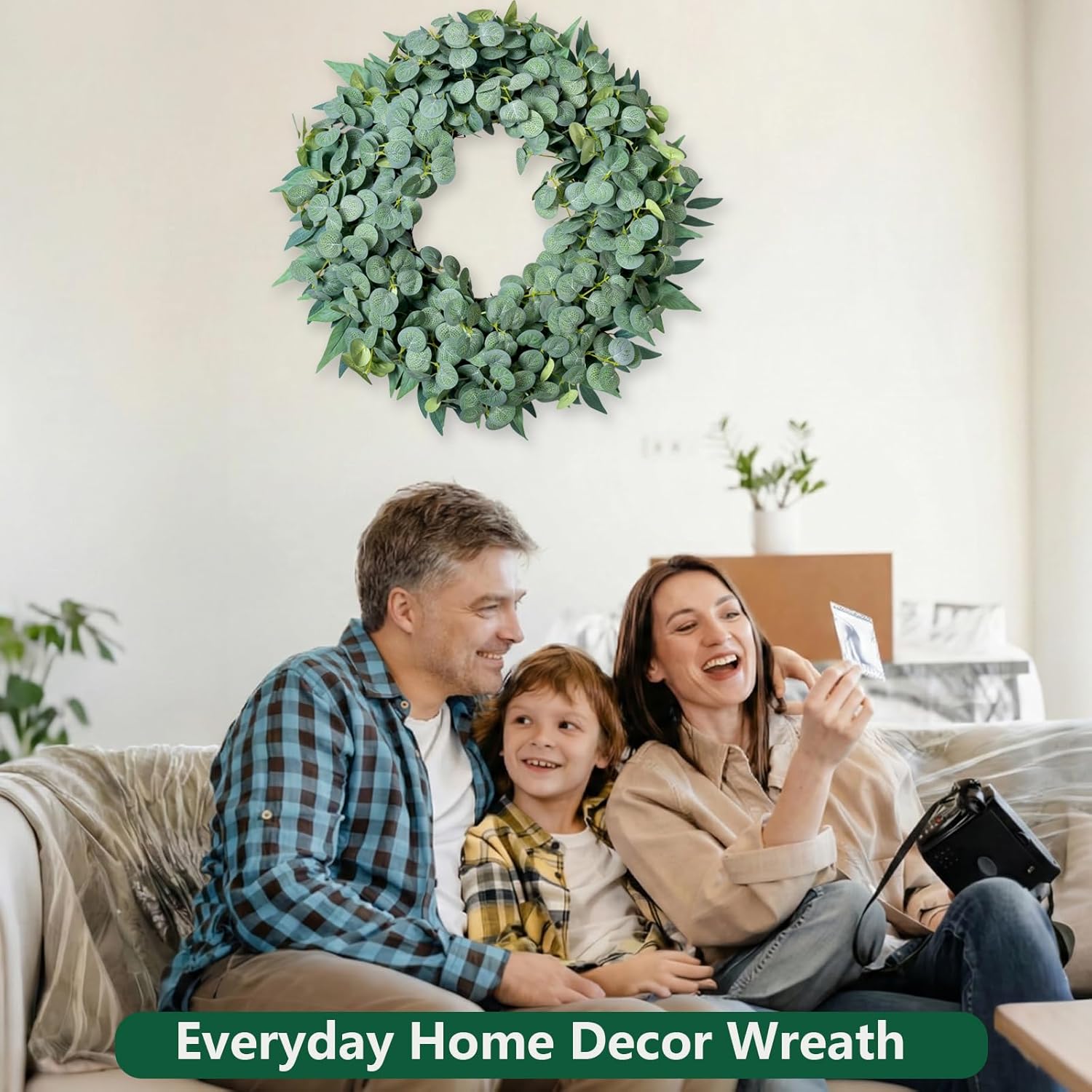 20" Eucalyptus Wreaths for Front Door Wall Porch, Silk Eucalyptus Spring Summer Wreath for Farmhouse Decor, Artificial Minimalist Greenery for All-Seasons