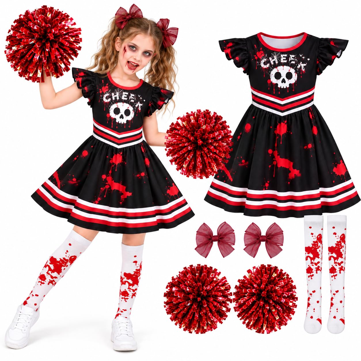 Zombie Cheerleader Halloween Costume for Kids Ages 18M-12Y,Zombie Fancy Dress Outfit for Girls with Pom Poms Tights Red High School Cheerleader Costume and Hair Clips Easy Halloween Kids Dress Up Pack