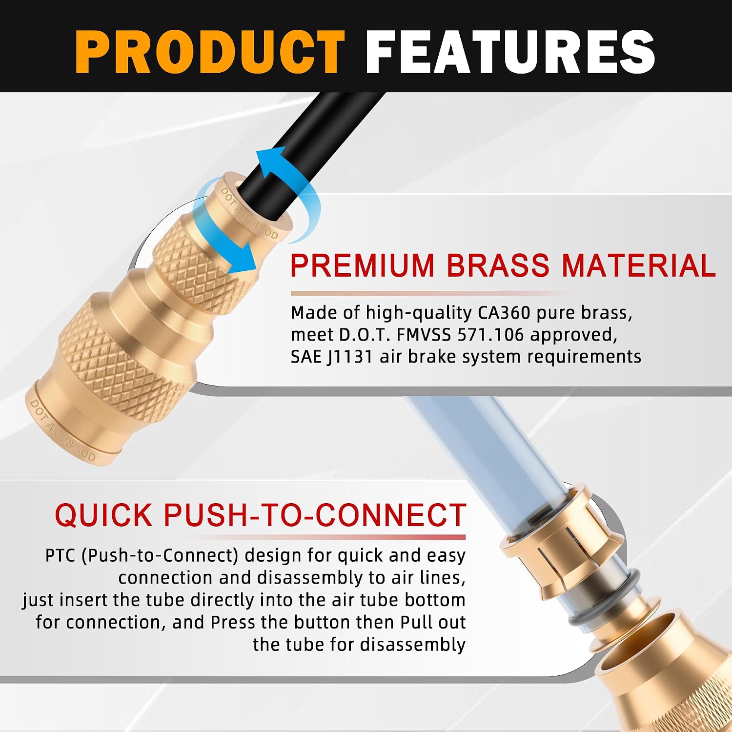 5PCS 1/4" OD x 3/8" OD Quick Push to Connect Fittings, DOT Approved Brass Union Straight Reducer Union/Coupler, Air Line Adapter Air Spring Suspension Kit for Trailers and Air Brake System