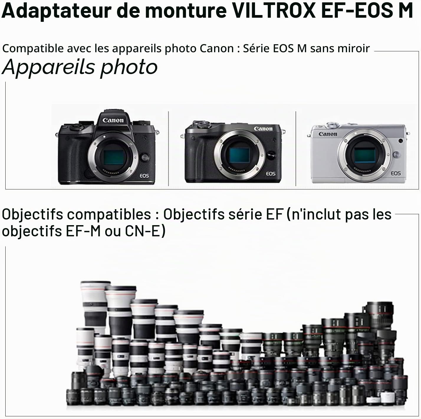 VILTROX EF-EOS M Bague Adaptateur Monture pour Canon EF/EF-S Objectif à appareils Photo EOS M Mount M200 M100 M3 M10 M6 M5
