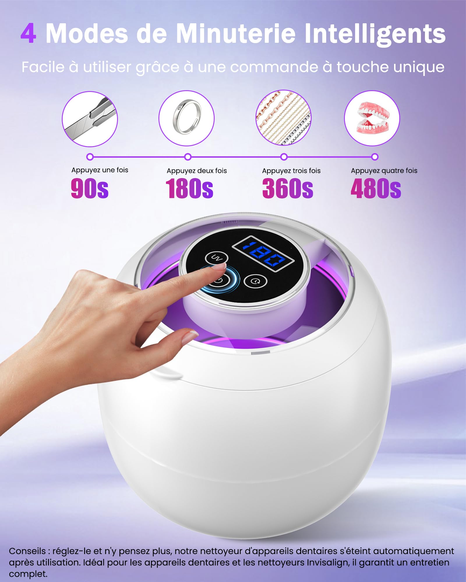 LONGYI Nettoyeur Ultrasons 45KHZ 6 Lampes UV Batterie intégrée 4 Réglages Minuterie 210ML Dental Pod UDC-80