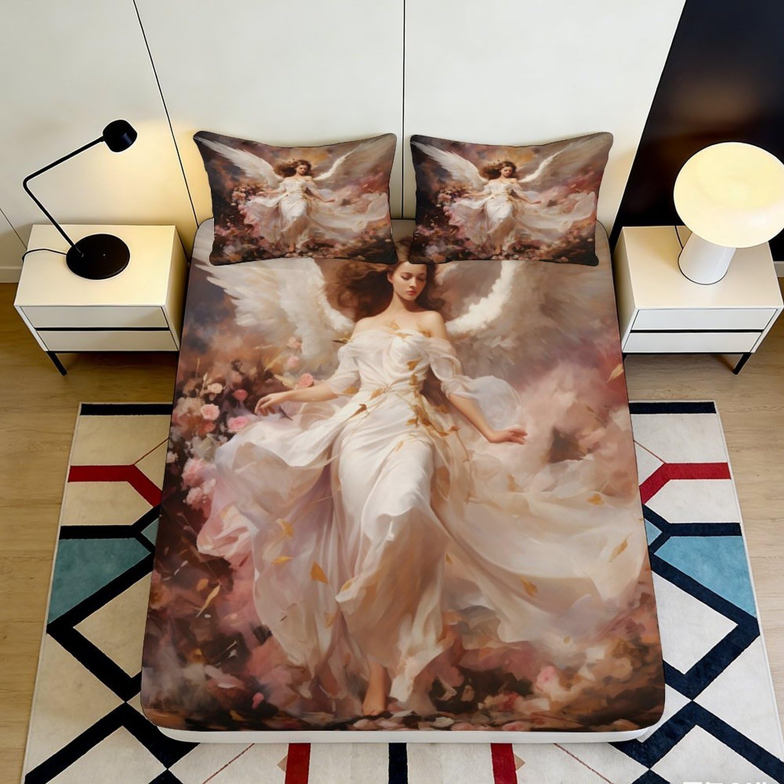 3D Printed Angelic Figure Fitted Sheet Microfiber Soft Breathable Ethereal Wings Bed Cover for Bedroom Dormitory Guest Room Mattress Protection Decor 140x200x25cm