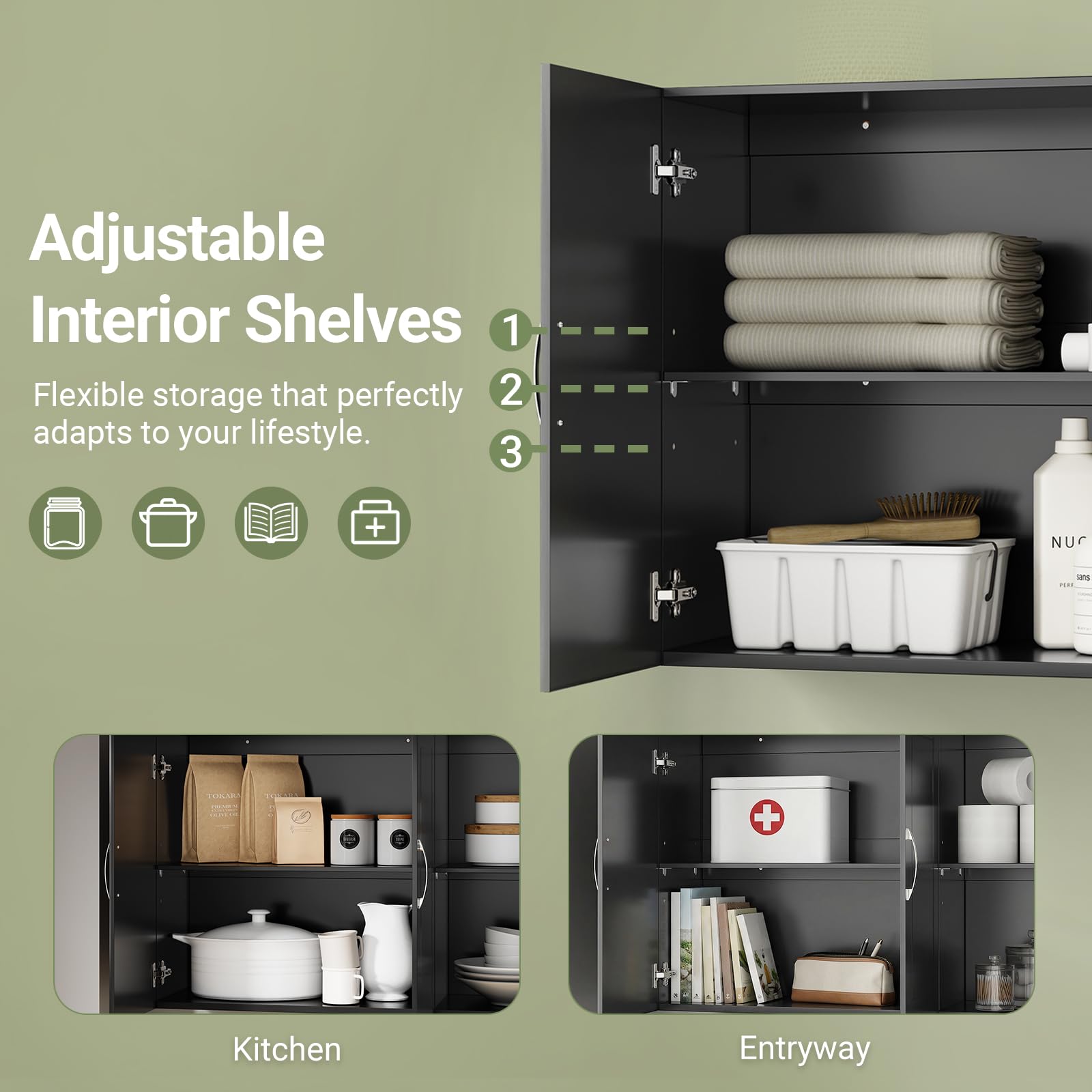 SoBuy Badkamerkast Hangend met Dubbele Deur – Badkamer Wandkast – Houten Opbergkast met Verstelbare Plank voor Badkamer & Keuken, Medicijnkast, Zwart, 60x30x60cm, FRG231-SCH