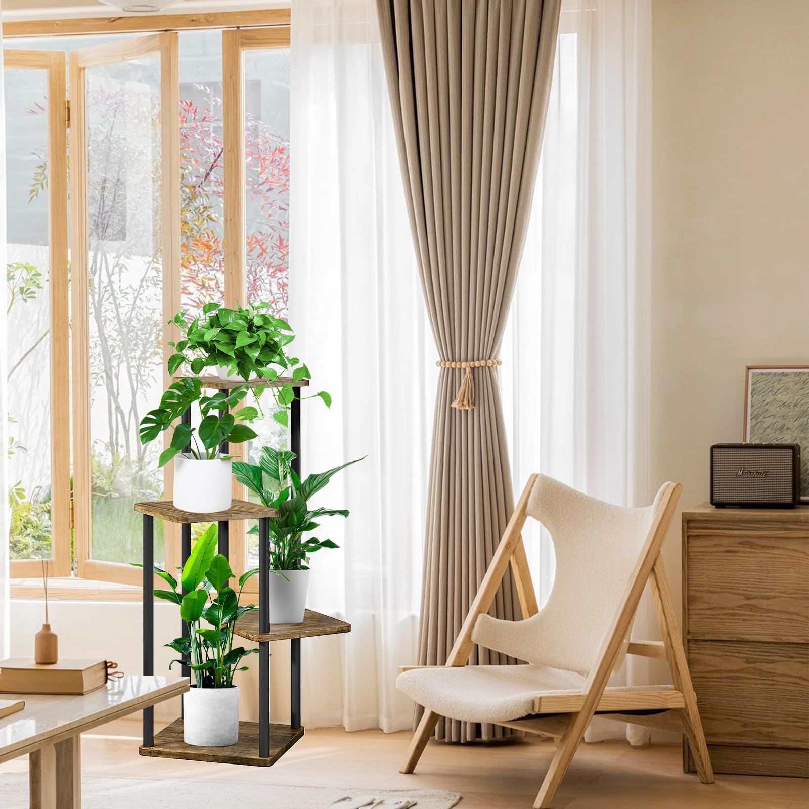 4-Tier Hölzern Blumenregal Pflanzenregal, Mehrstöckig Blumenständer Pflanzenständer Blumenbank Blumentreppe Pflanzentreppe Standregal für Innen Garten Balkon Deko(Schwarz)