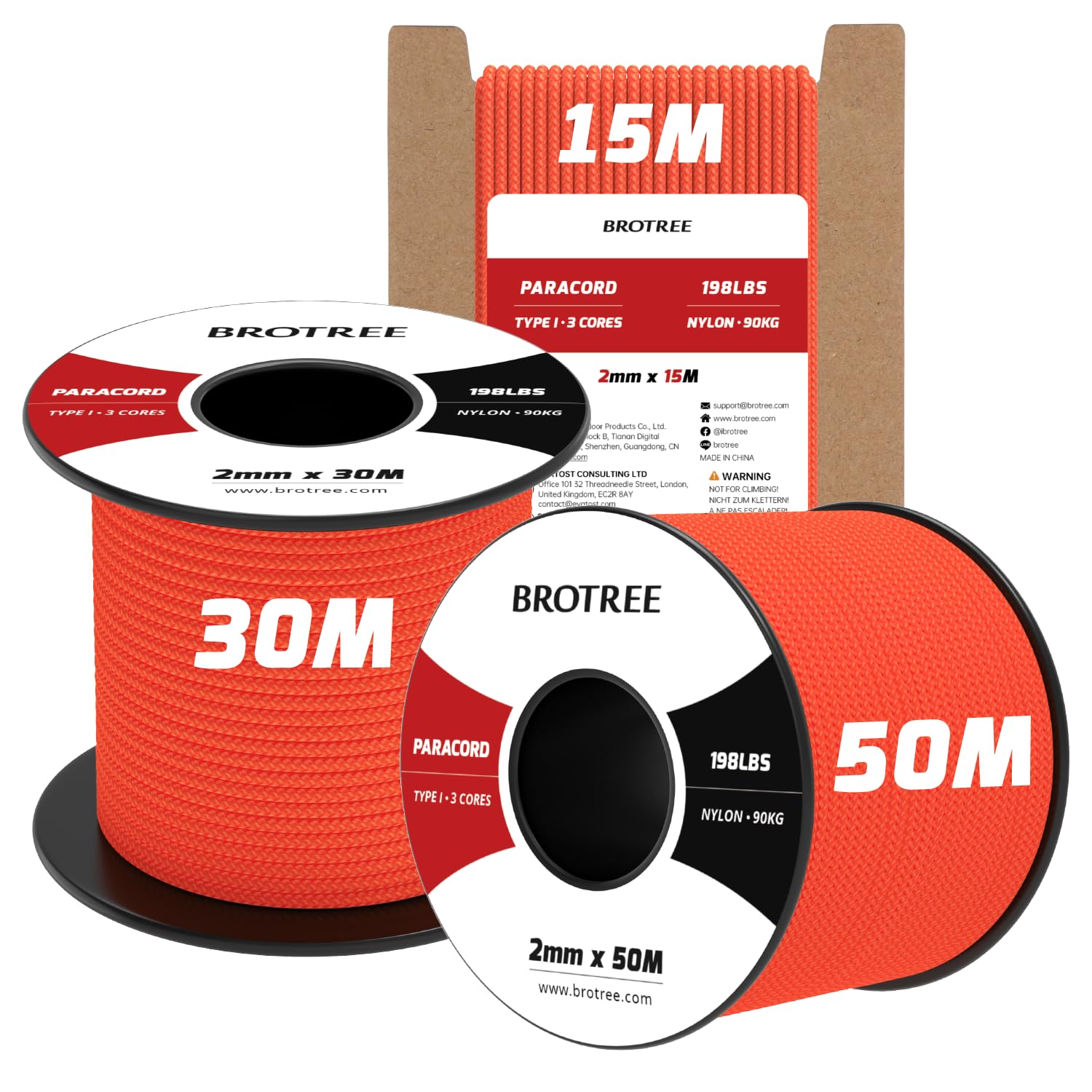 Brotree 2mm Paracord 3 Strands 15M 100% Nylon Rope Parachute Cord for Outdoor, Craft, DIY - 90kg Breaking Load (Neon Orange)