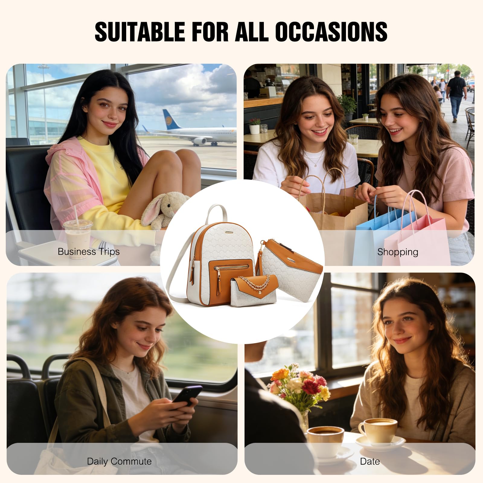 FANDARE 3 Piezas Bolsos Mochila para Mujer Mochilas con Bolsa para las axilas Muñeca Bolso de mano Bandolera Cartera de cuero PU impermeable Bolso de Hombro Bandolera escolar para trabajo viajes