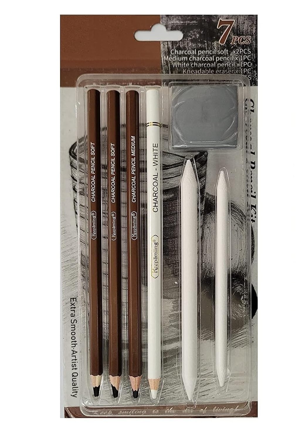 Prescent 7 pc Black & White Charcoal pencil kit with Paper blender and Kneadable Eraser Complete Art Set