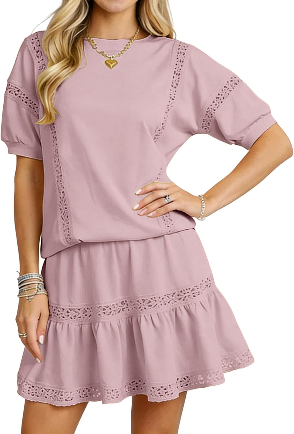 CAHRTOU Women Eyelet Two Pieces Short Sets Puff Short Sleeve Top Tiered Mini Skirt Y2k Lace Matching Lounge Sets
