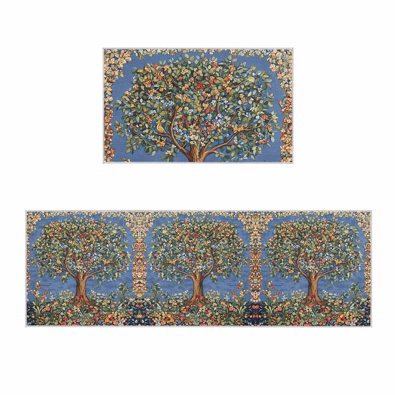 2 Pieces Kitchen Rugs and Mats,Vintage Colorful Flower Tree Area Runner Rug Set Non Slip Floor Doormat Washable Carpet Standing Mat for Kitchen Sink Indoor Corridor,Natural Botanical Plant on Blue