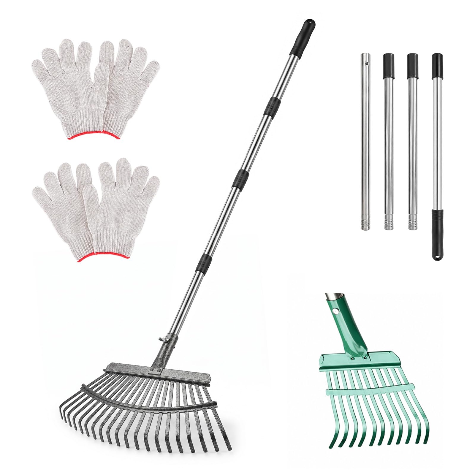Rastrello da giardino in metallo con manico in acciaio inox da 180 cm, rastrello per foglie, per giardino, prato, arbusti, erba, pacciame, robusto