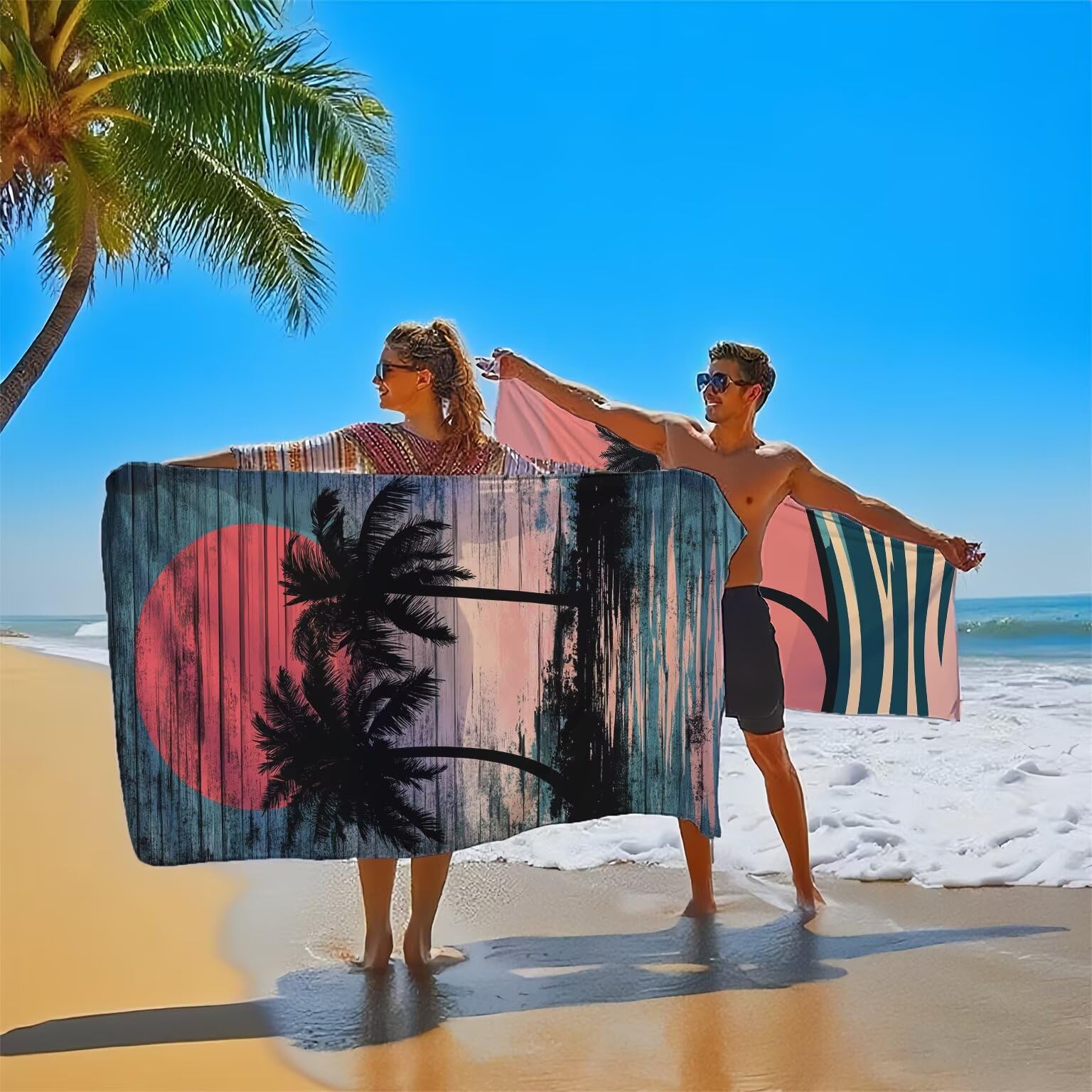 Mikrofaser Strandtuch 90x180cm, Sonnenuntergang Strandtuch Kokosnusshain 2er Set, Saunahandtuch Stranddecke Sandfrei Saugfähig Schnelltrocknendes Leichtes Sporthandtuch für Pool Strand Yoga, Model638
