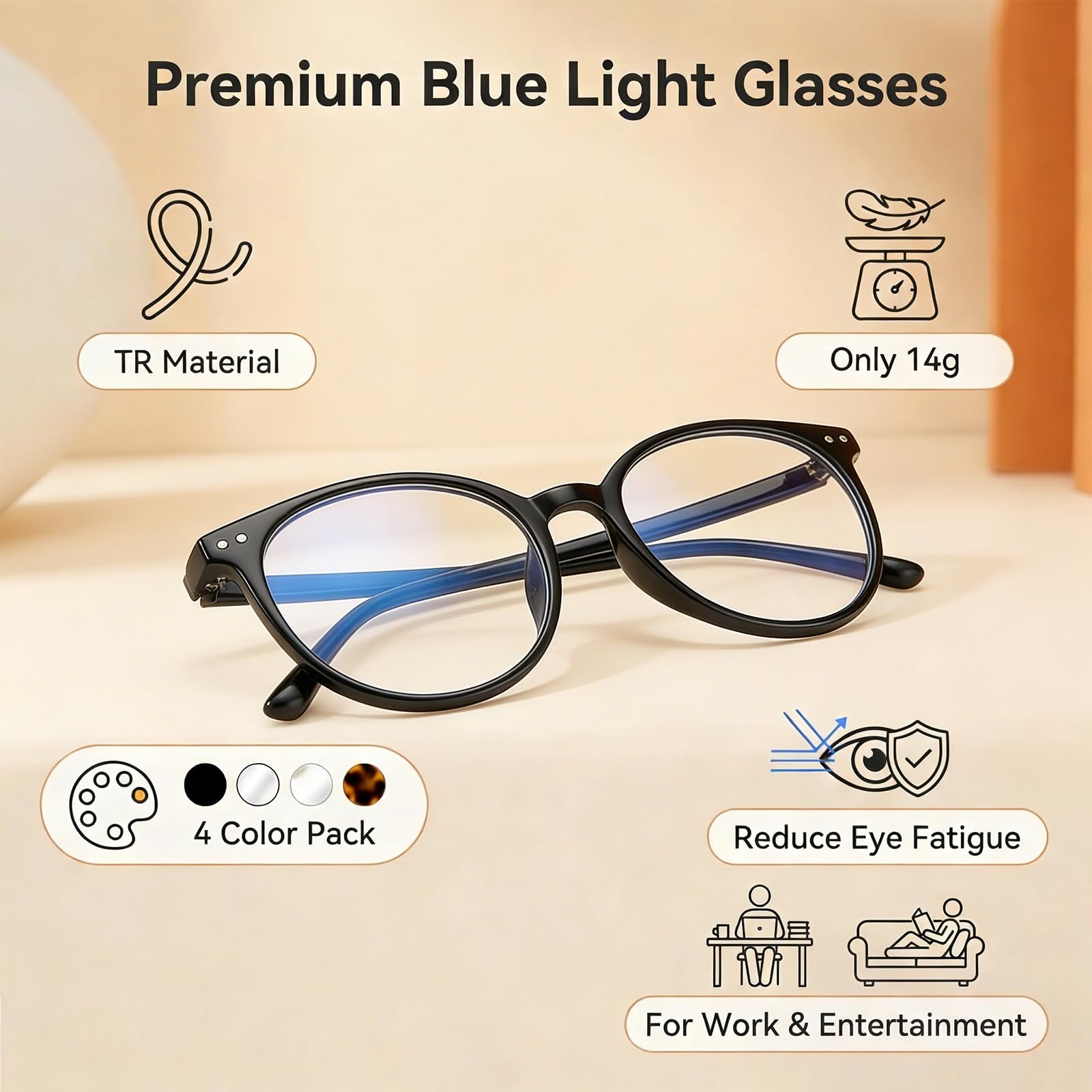 Cloxtralon 4 pezzi Occhiali da Donna Filtro Luce Blu, Colori Nero/Modelo leopardo/Grigio/Trasparente, Materiale TR Leggero, per Lavoro Informatico, Giochi, Televisione, Riducono Fatica Ottica — view 2