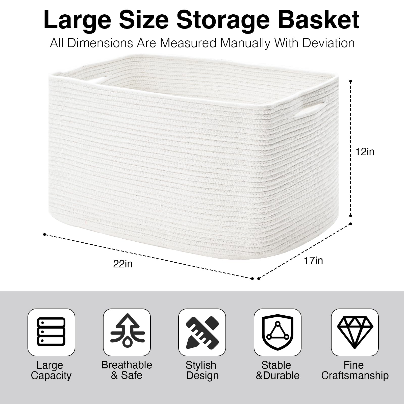 Cesta rectangular grande para manta, cesta de almacenamiento grande, cestas tejidas de cuerda de algodón para almacenamiento con asas, cestas de juguetes para guardería, sala de estar, 3