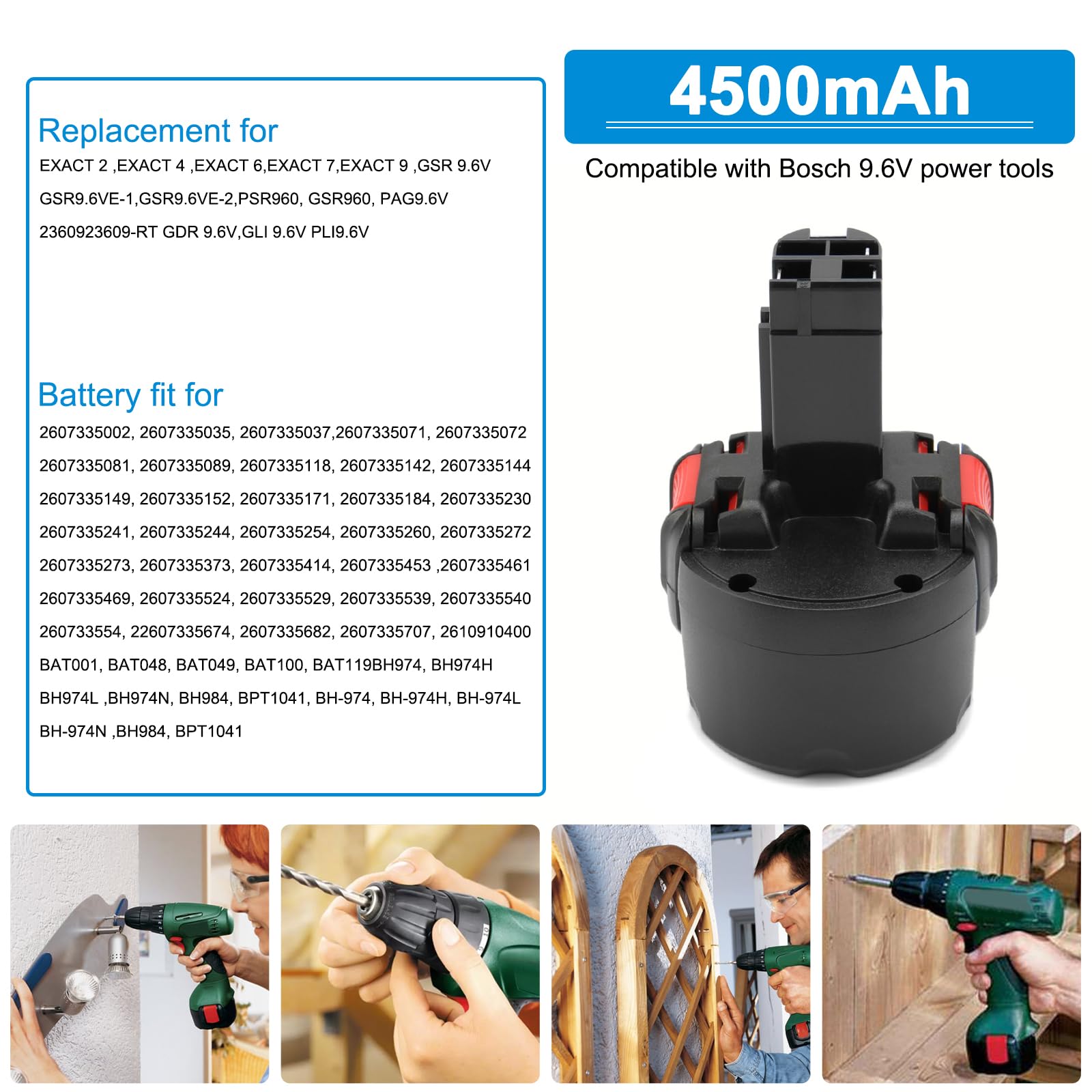 9.6V 4500mAh NI-MH Batteria per Bosch PSR960 BAT048 BAT100 BAT119 BH984 BPT1041 2607335272 2607335461 2607335260 GSR 9.6 PSR 9.6 VE-2 GDR 9.6 V 23609 32609-RT