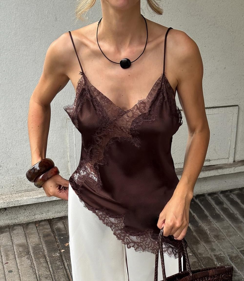 Women Satin Lace Cami Tops Y2k Asymmetrical Camisole Sexy Spaghetti Strap Side Slit Tank Top Trendy Going Out Tops - Image 2