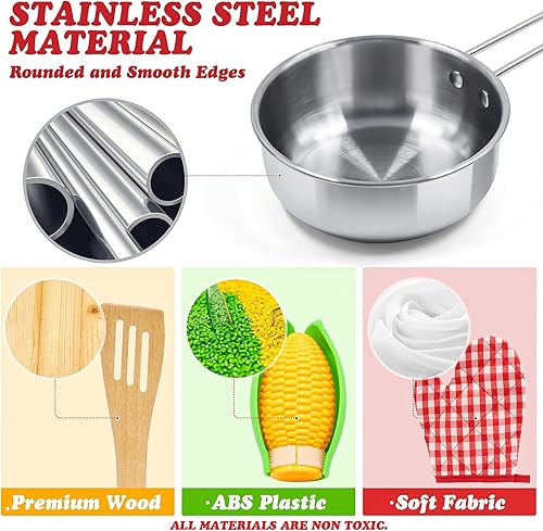 Miniatura 5 de Juego de accesorios de cocina para niños, juego de 32 artículos de ollas y sartenes de acero inoxidable con organizador de estante, utensilios de