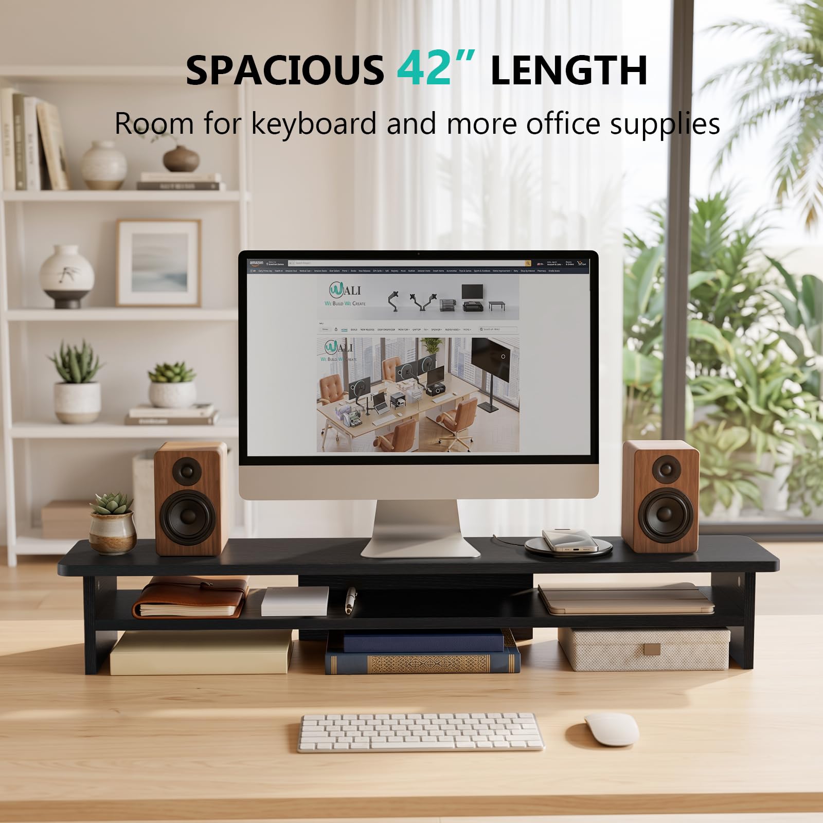 WALI 42 inch Large Wood Dual Monitor Stand Riser with Storage, up to 88lbs view 2