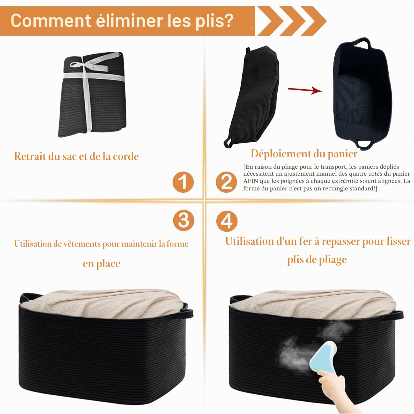 Panier de rangement, panier de rangement pour enfants avec poignées, grand panier de rangement pliable tressé en corde de coton pour salle de bain, chambre d'enfant (60x40 cm, brun+noir)
