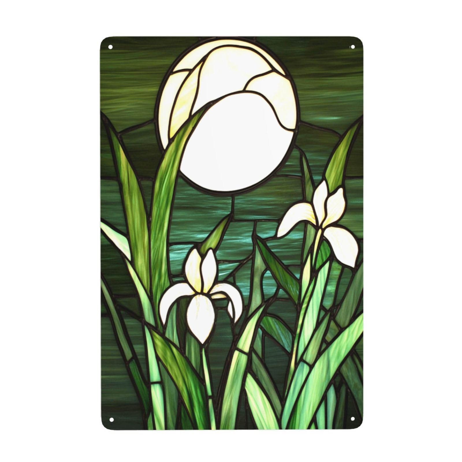 Woshuwo White Stained Glass Of A Moon With Irises Metal Signs Tin Wall Art Decor For Bathroom Toilet Washroom Farmhouse Restroom Yard 20X30 Cm