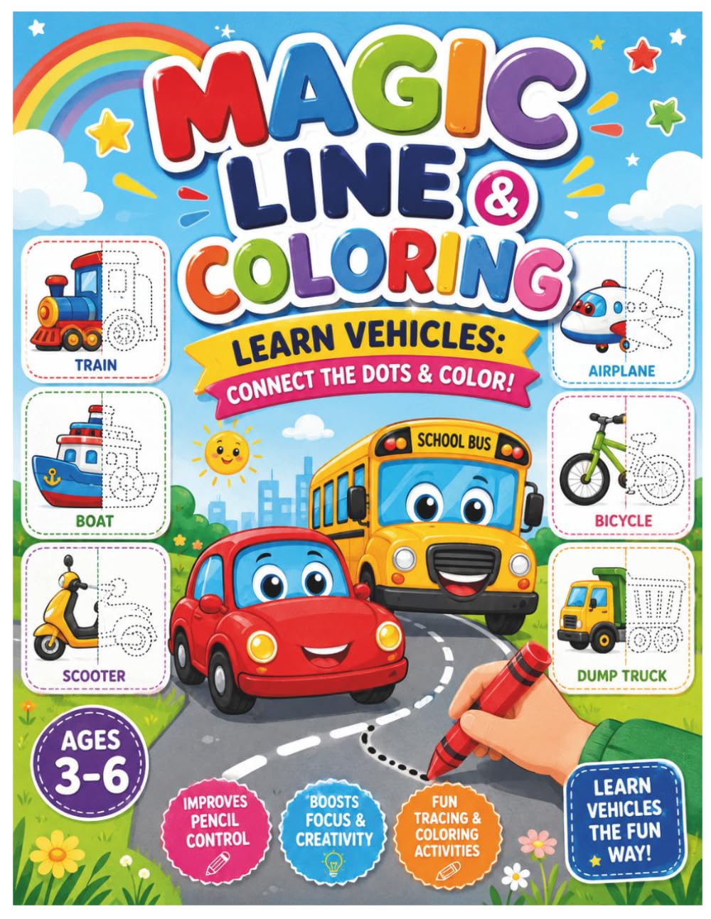 Magic Line and Colouring Activity Book: An Interactive Vehicle Activity Book for Preschoolers Featuring Tracing, Coloring, and Word Recognition