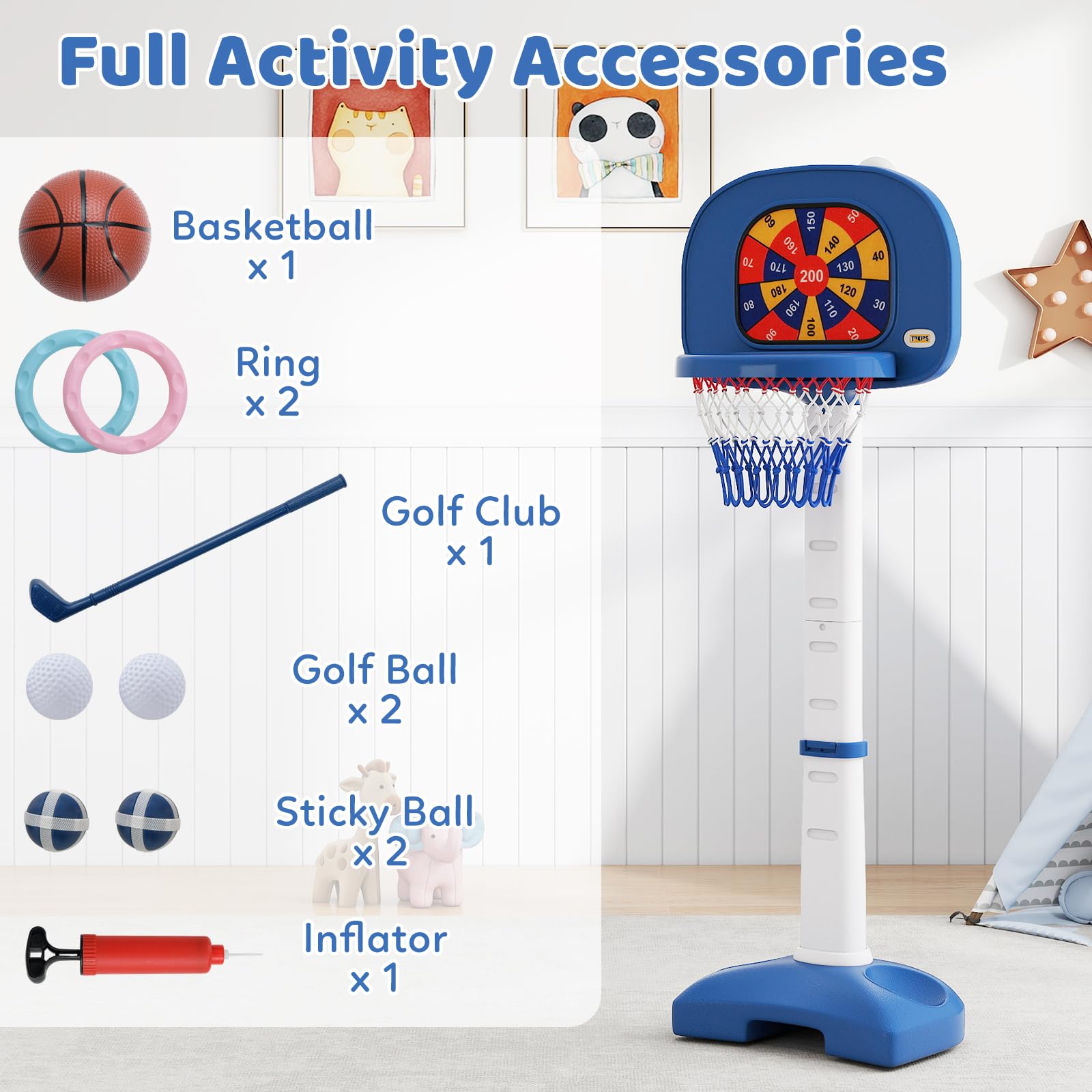 RELAX4LIFE Canestro da Basket 4 in 1 con Pallone da Basket, 2 Palline Adesive, 2 Palline da Golf, Bastone da Golf e 2 Anelli, Base riempibile, Set di Canestro Interno per Bambini 3 Anni＋