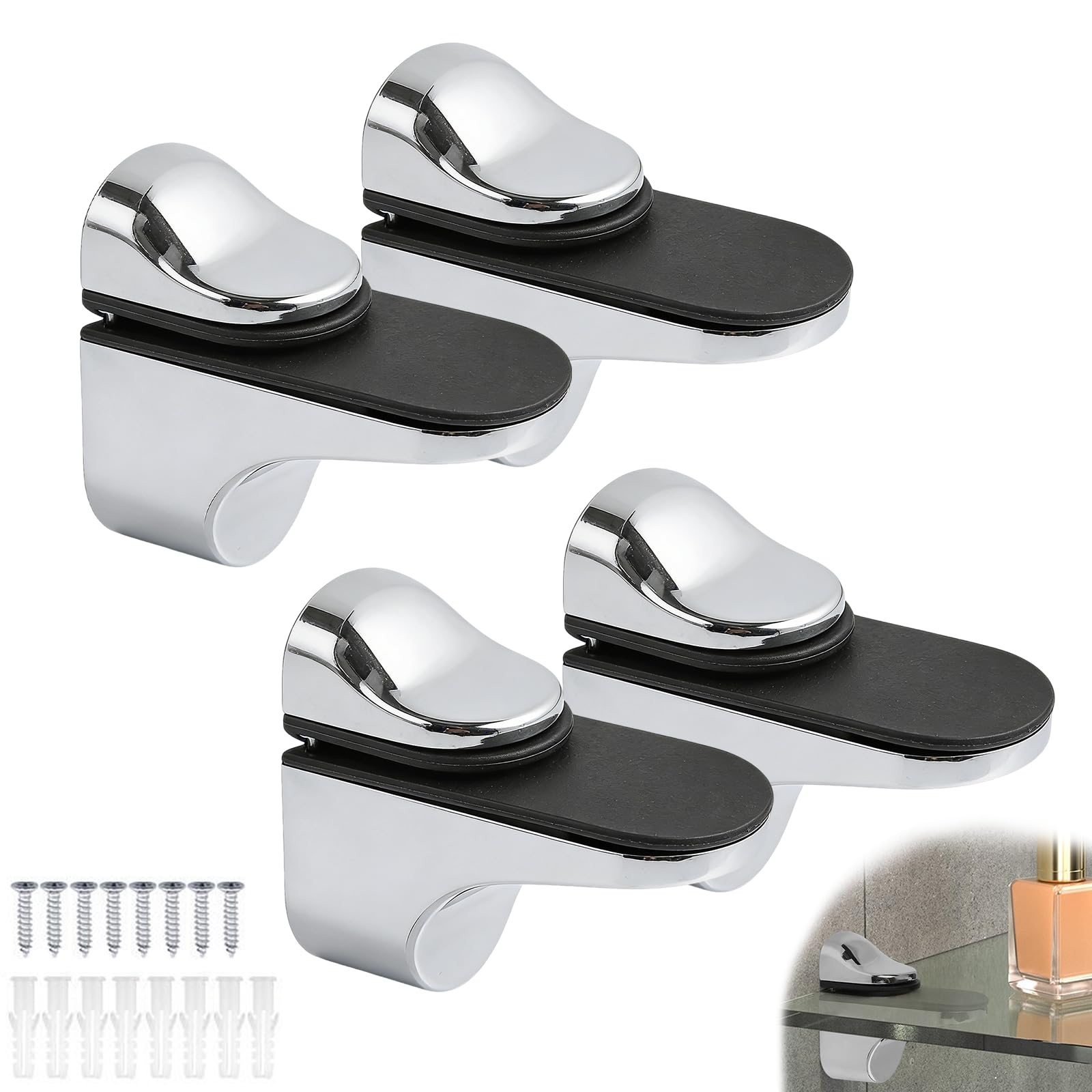4Pcs Adjustable Chrome Glass Shelf Brackets Stainless Steel Wall Mount Clamps Floating Shelves Supports for Bathroom Shower Adaptive 3-21mm 0.12-0.82inches Thickness (Silver High Gloss, One Size)
