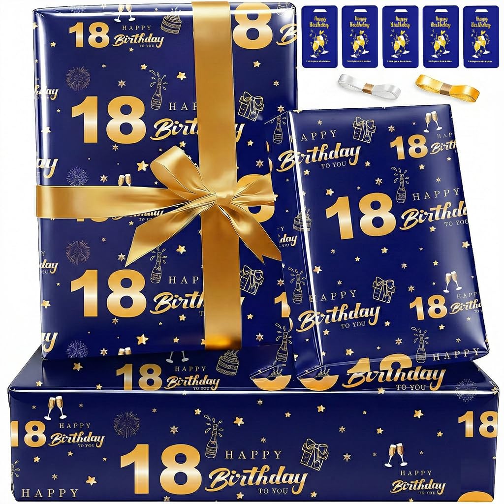 Wrapping Paper 18th Birthday Wrapping Paper with Ribbon Tag,Recyclable Birthday Gift Wrapping Paper for Him Boys Men,Birthay Gift Wrap Eco Birhtday Paper Wrapping,Present Wrap Blue Gold