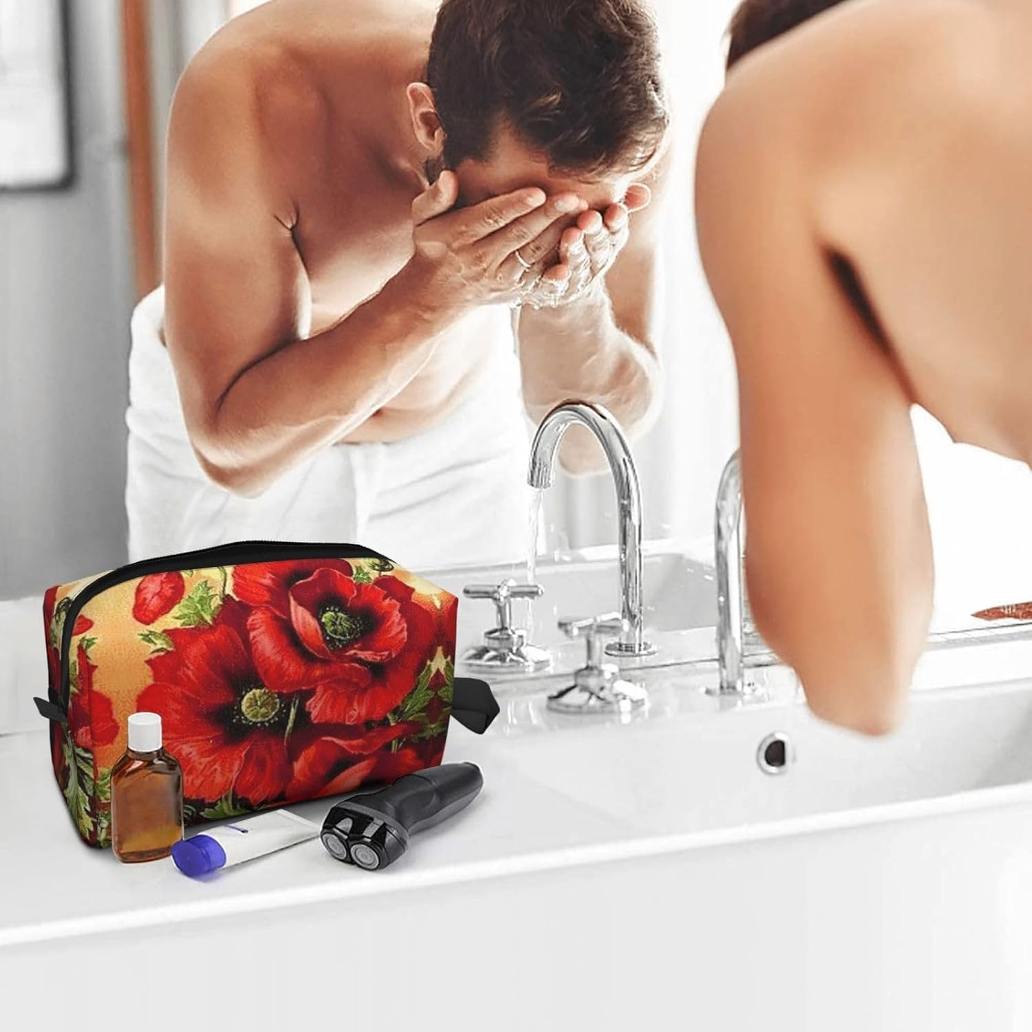 Grande Beauty Case da Viaggio con Fiore di Papavero Rosso - Organizer per Trucchi Versatile da Appendere, Adatto A Donne E Uomini, Design Spazioso per Un Facile Imballaggio E Viaggi Eleganti