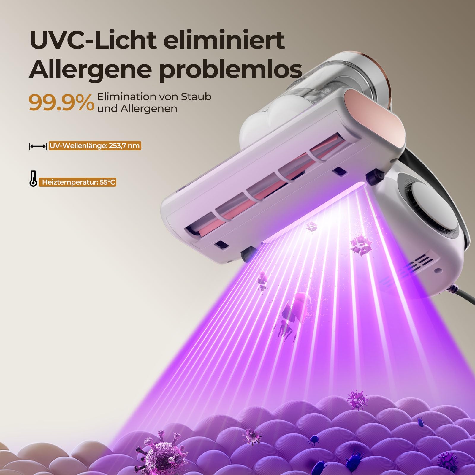 JIGOO J300 Milbensauger mit Staubmilben-Sensor und Intelligenter LED-Anzeige, 500W Milbenstaubsauger mit UV-Licht, Ultraschall, Für Allergiker, entfernt 99,9% Allergene von Matratzen, Betten und Sofas