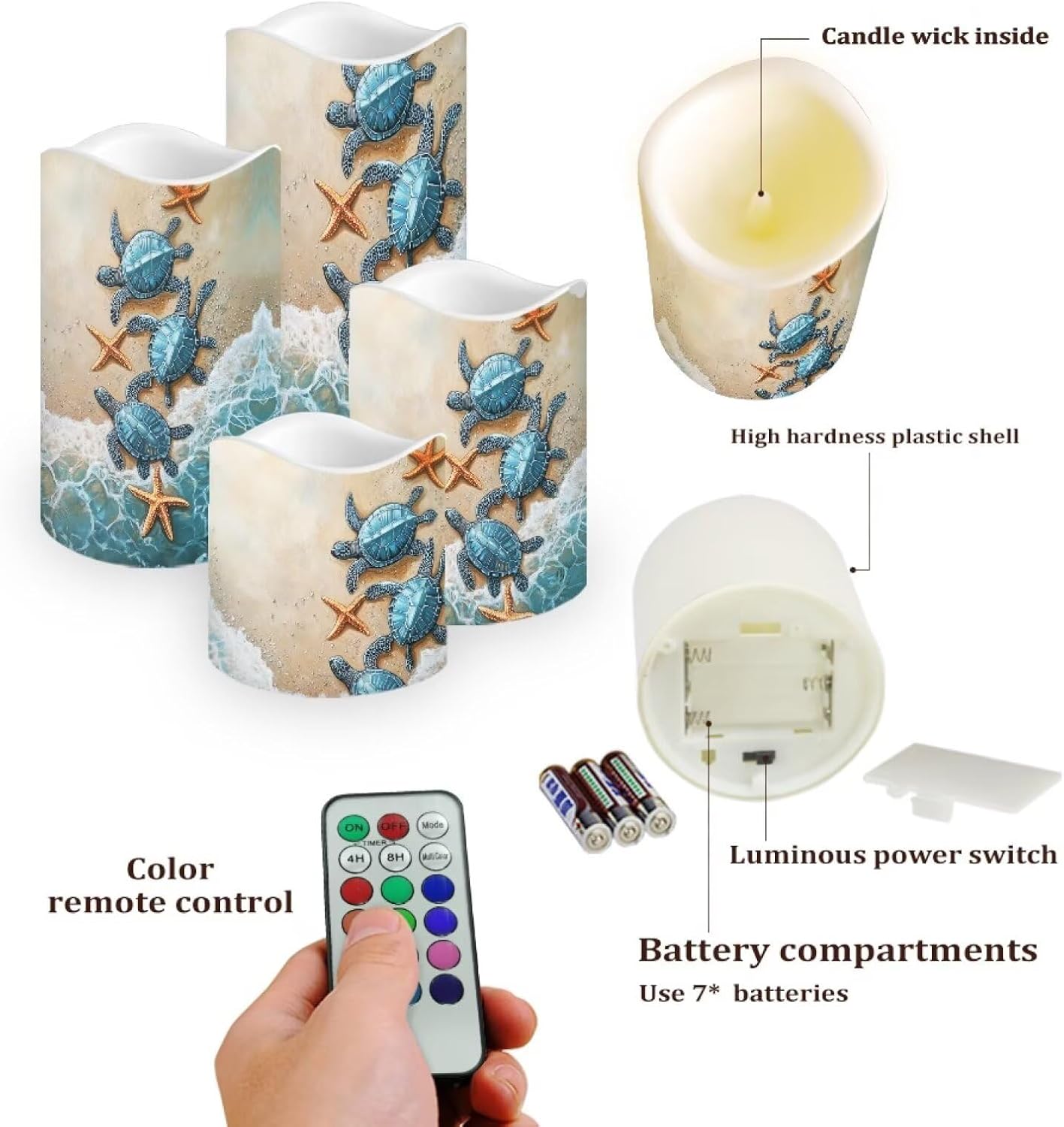 Ystardream 4PCS Flameless Candle Sea Turtle Led Flameless Candles with Remote Fake Candles that Look Real for Home Living Room Bathroom Bedroom Decor,Starfish