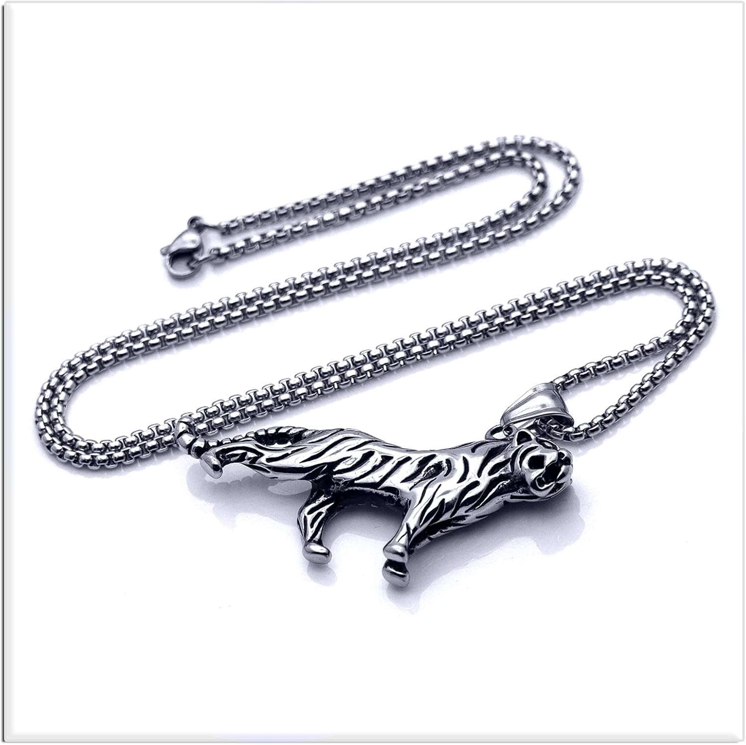 Xusamss Punk Stainless Steel Animal Tiger Pendant Necklace,24inches Square Box Chain - Image 5