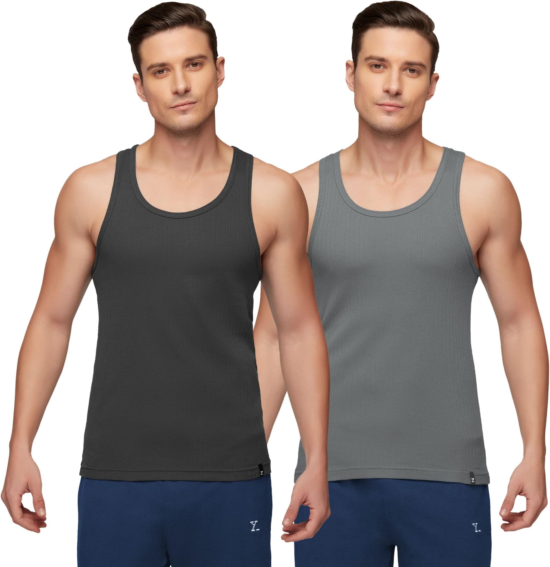 Men's Super Combed Cotton Round Neck Ribbed Vest - High Moisture Absorbing Innerwear for Men with Anti-Microbial Silver Finish-Pack of 2