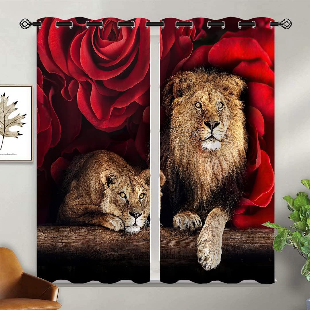 Lion Blackout Curtains for Girls Boy Home Decor, Red Rose Flowe Africa Wildlife Animal King Grommet Thermal Insulated Drapes Darkening Window Curtain for Bedroom Living Room, 42 x 45 Inch