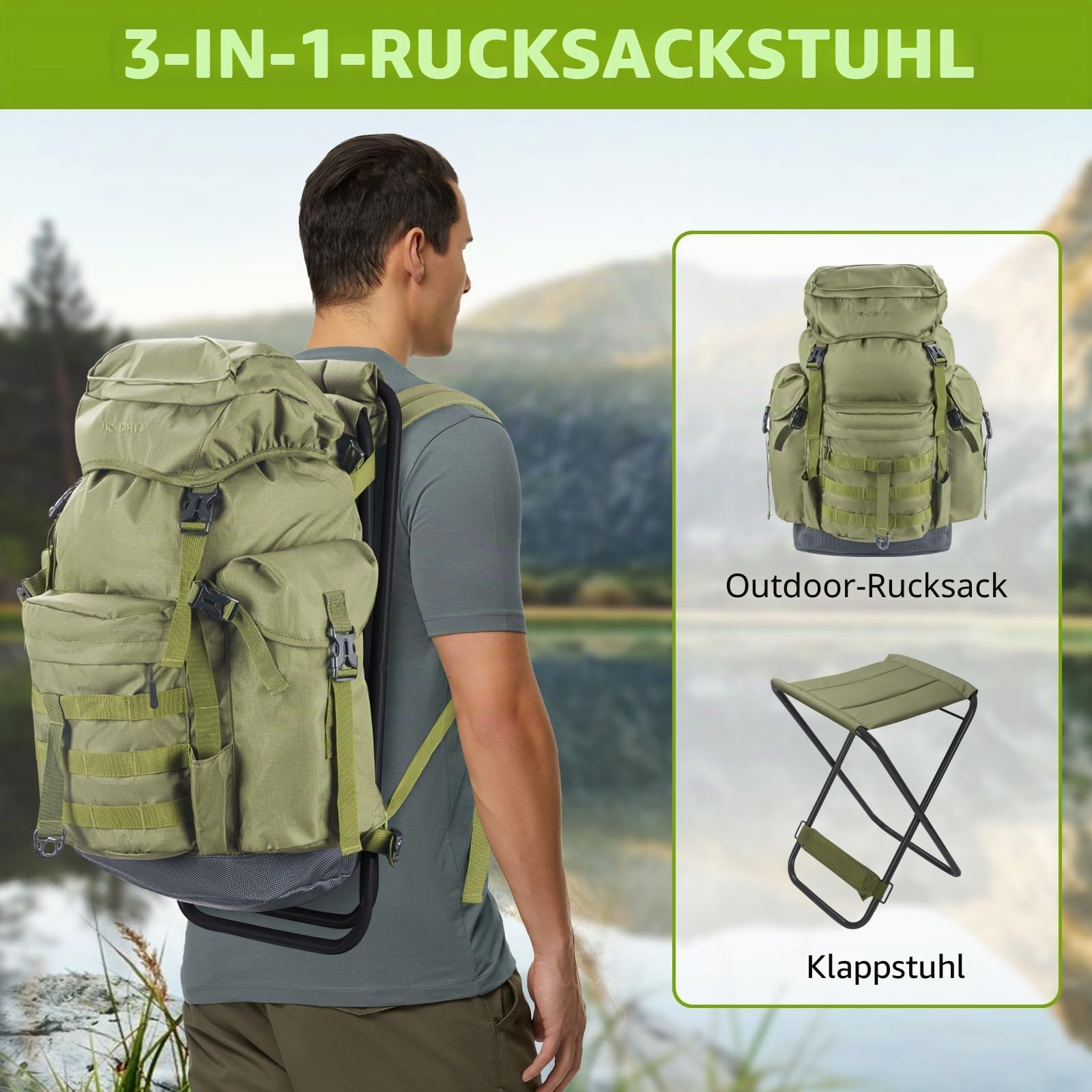 THKFISH 35L Angelrucksack Wasserabweisend mit Stuhl, 3-in-1 Groß Rucksack mit Rutenhaltern Aufbewahrungstasche Tragbarer Hocker,Angel Rucksack für Outdoor Angeln Camping und Jagd,Grün