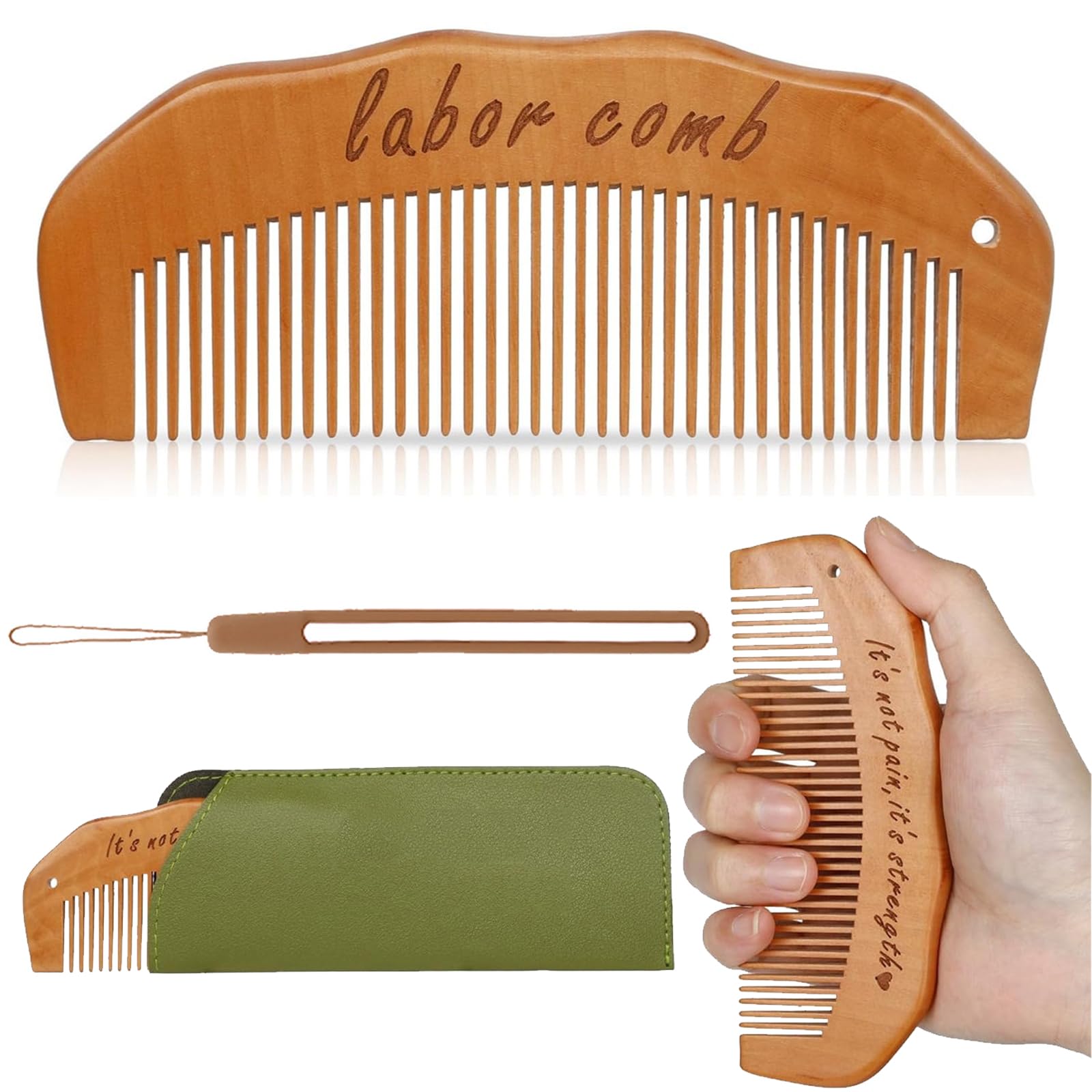 YAOYYG Peine de Partos, para el Dolor de Parto, Peine Madera Parto con Estuche de Cuero Madera Peine, Alivio Del Estrés Para Embarazadas, Regalo Embarazadas (Marrón)