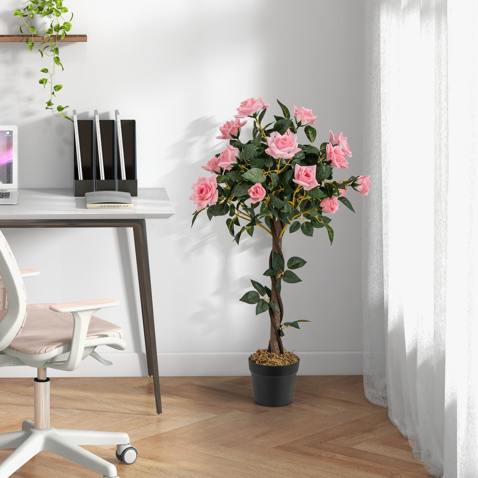COSTWAY Albero Artificiale con Fiori, Albero di Fiori Finti da 93 CM con Rose, Vaso, Tronco in Legno Reale, Senza Manutenzione, Pianta Finta in Vaso per Ufficio, Casa e Portico