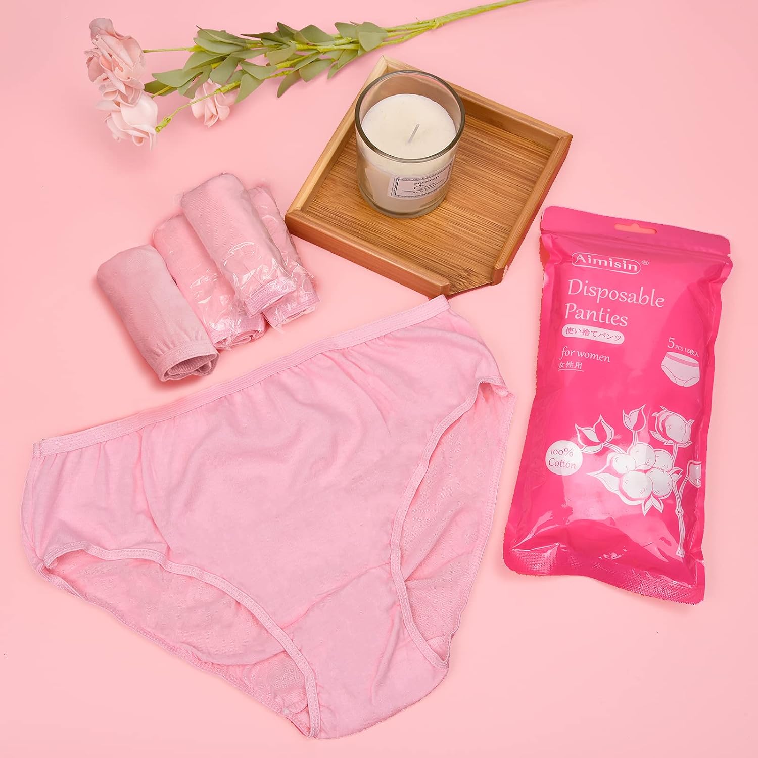 Women Disposable 100% Cotton briefs, Medium, 5 Pack Pink Panties for Travel Pregnancy Postpartum