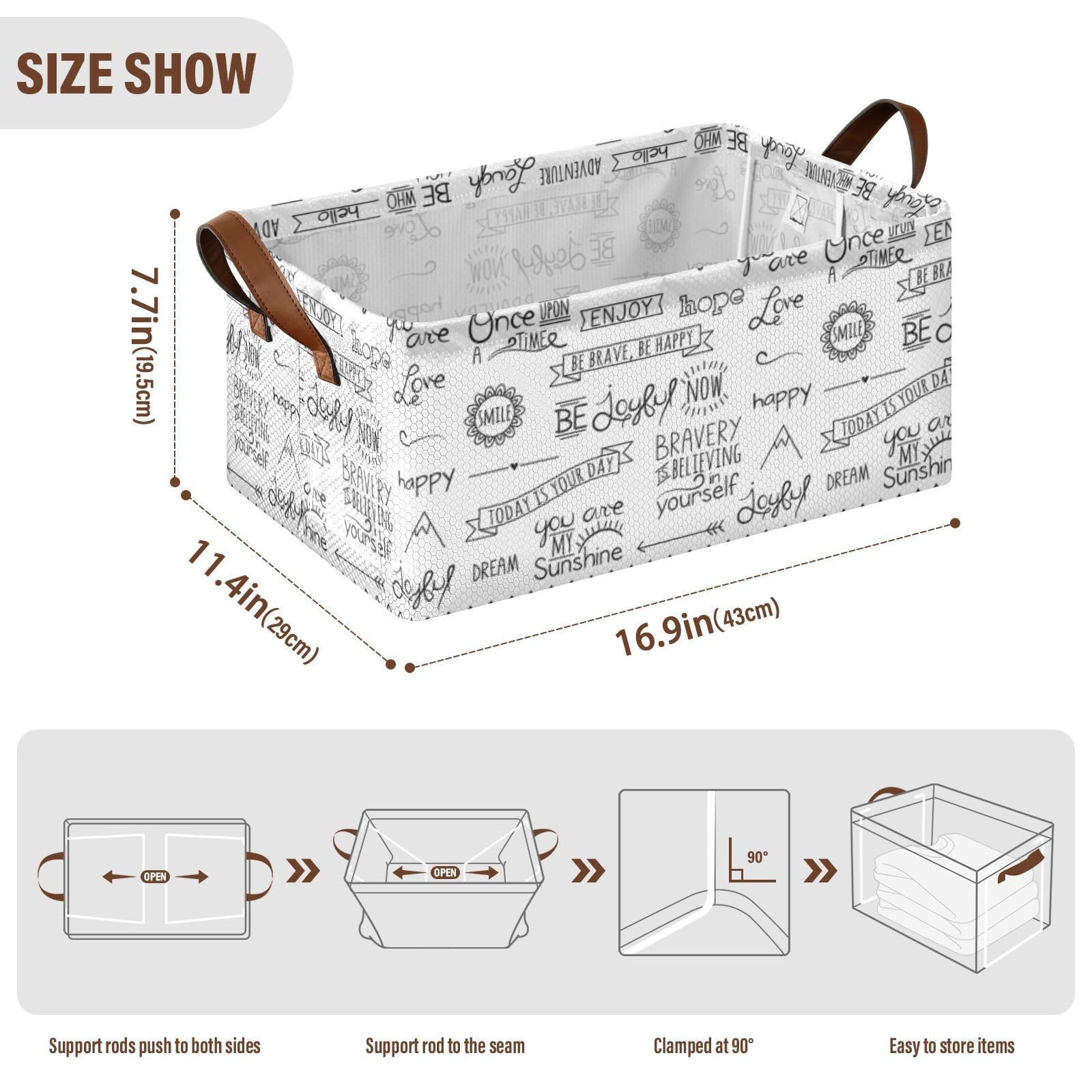 Fygkptb Hand Drawn Inspiration Words Laugh Hope Love Sunshine Believe Joyful 1 PC Rectangle Foldable Frame Basket Leather Handles Storage Bin for Laundry Bathroom Organizer 16.9 x 11.4 x 7.7 inch