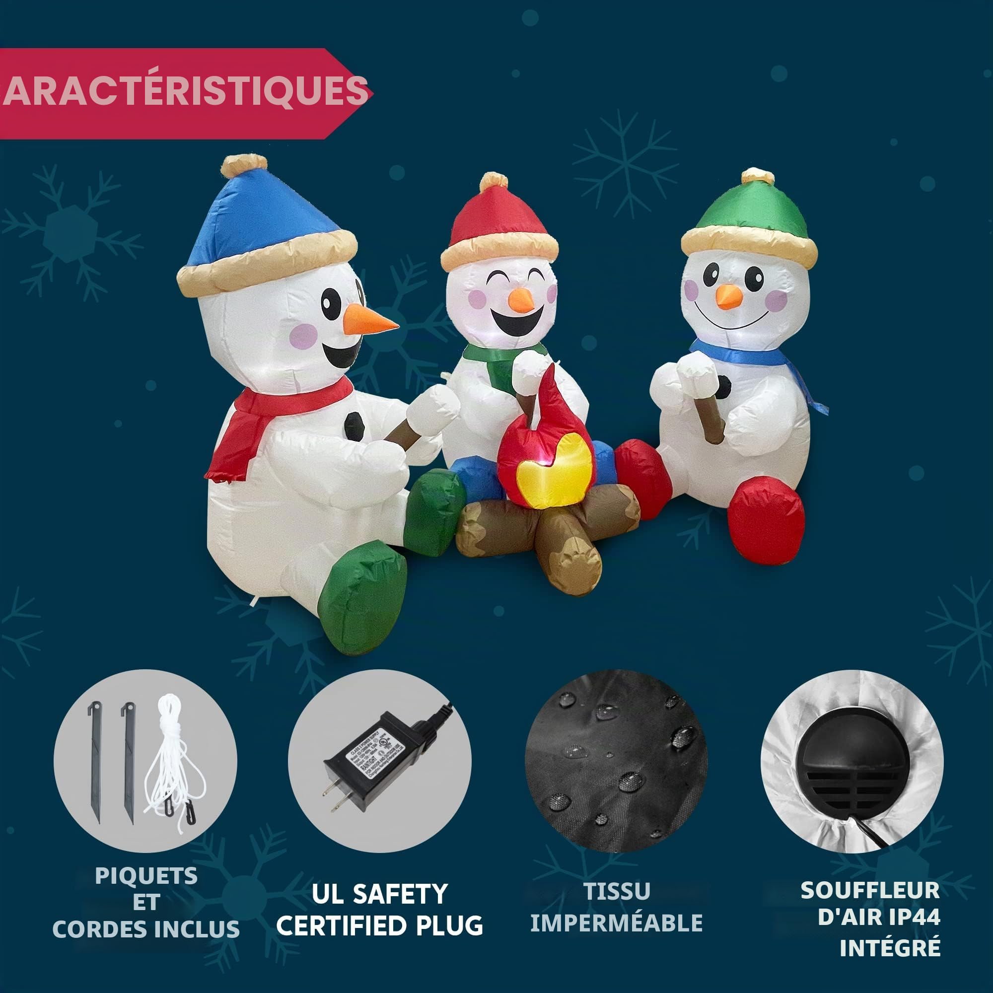 Joiedomi Bonhomme de Neige Gonflable de Noël de 1,8 m de Long avec feu de Camp, Lot de 3 Petits bonhommes de Neige avec LED intégrées Décoration de Noël Gonflable avec lumière pour fête de Noël