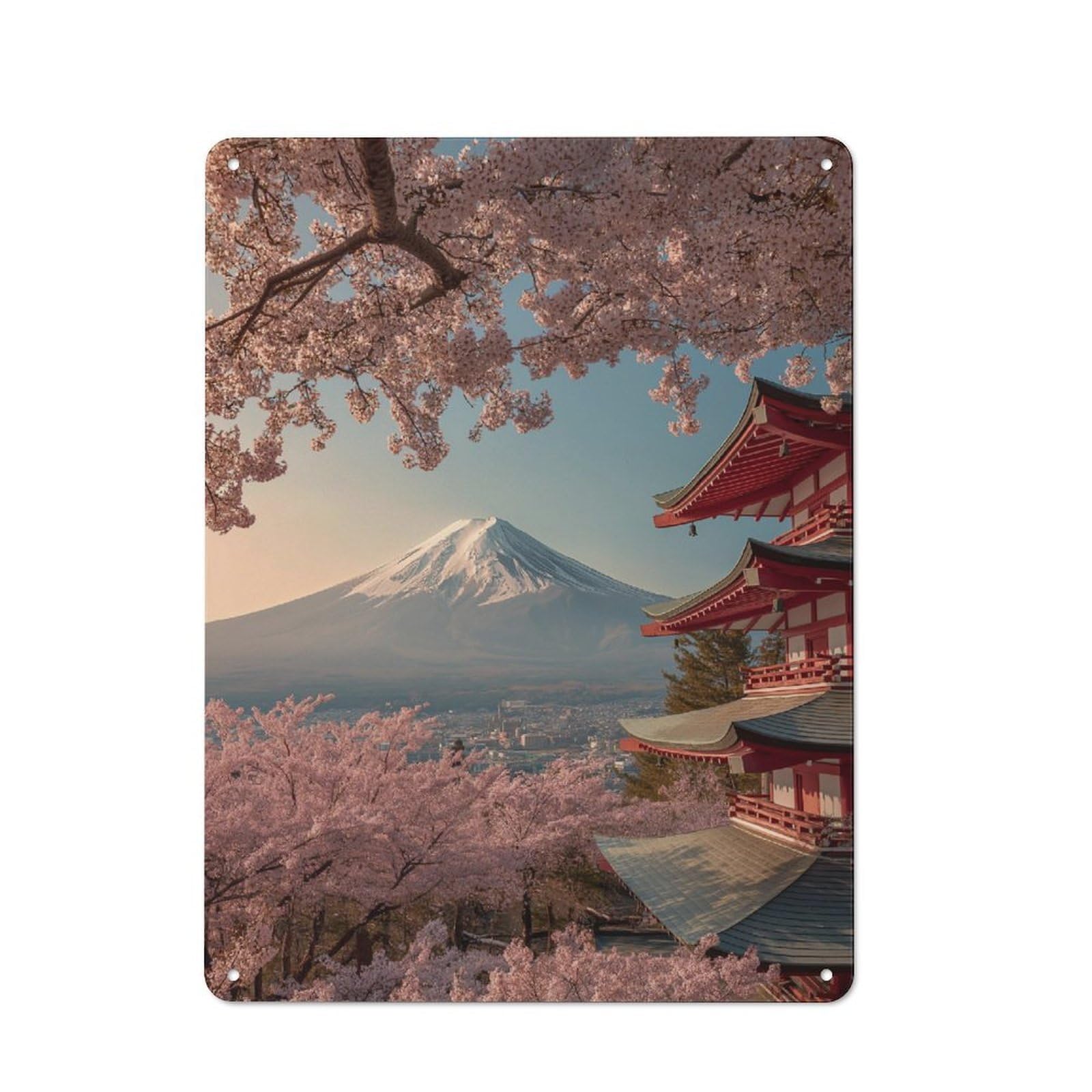 Junmoney Cherry Blossoms And Mount Fuji Rustic Tin Wall Plaque 40X30cm For Guest Room Or Hallway, For Garage, Workshop And Man Cave Decoration