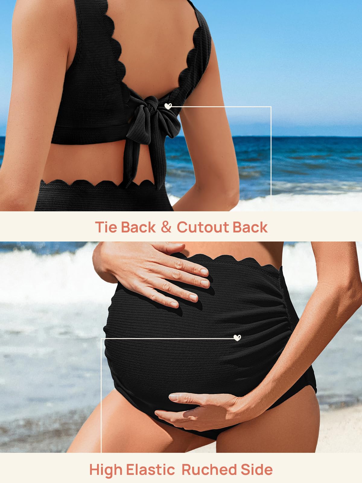 Summer Mae Traje de baño festoneado de maternidad para mujer, traje de baño de cintura alta, bikini de dos piezas con nudo de corbata