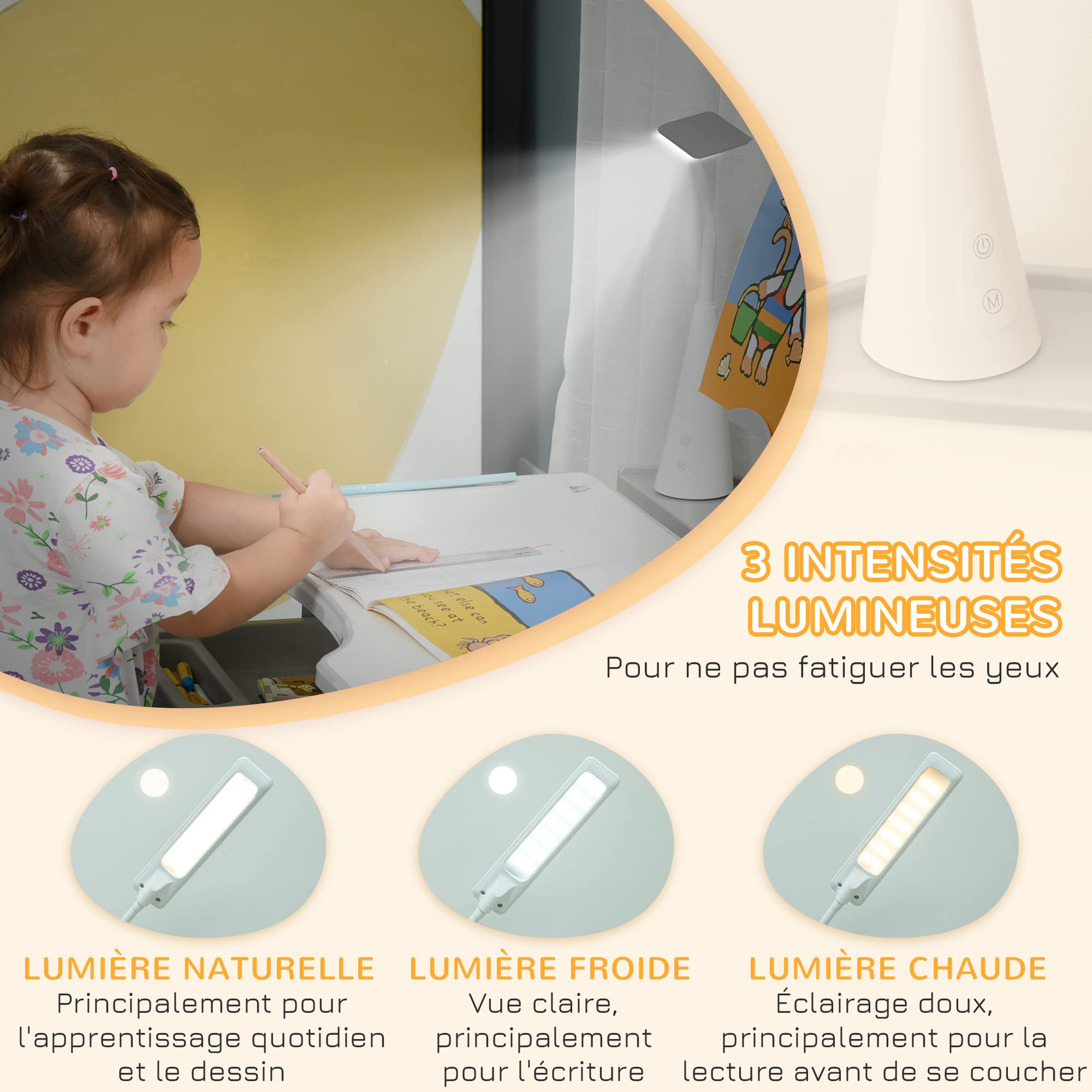 HOMCOM Krzesło i biurko dla dzieci z lampą LED, regulowaną wysokością, stołem i krzesłem do nauki dla dzieci, nachyloną tacą, stojakiem do czytania, pojemnikiem na długopisy, szufladą i uchwytem na