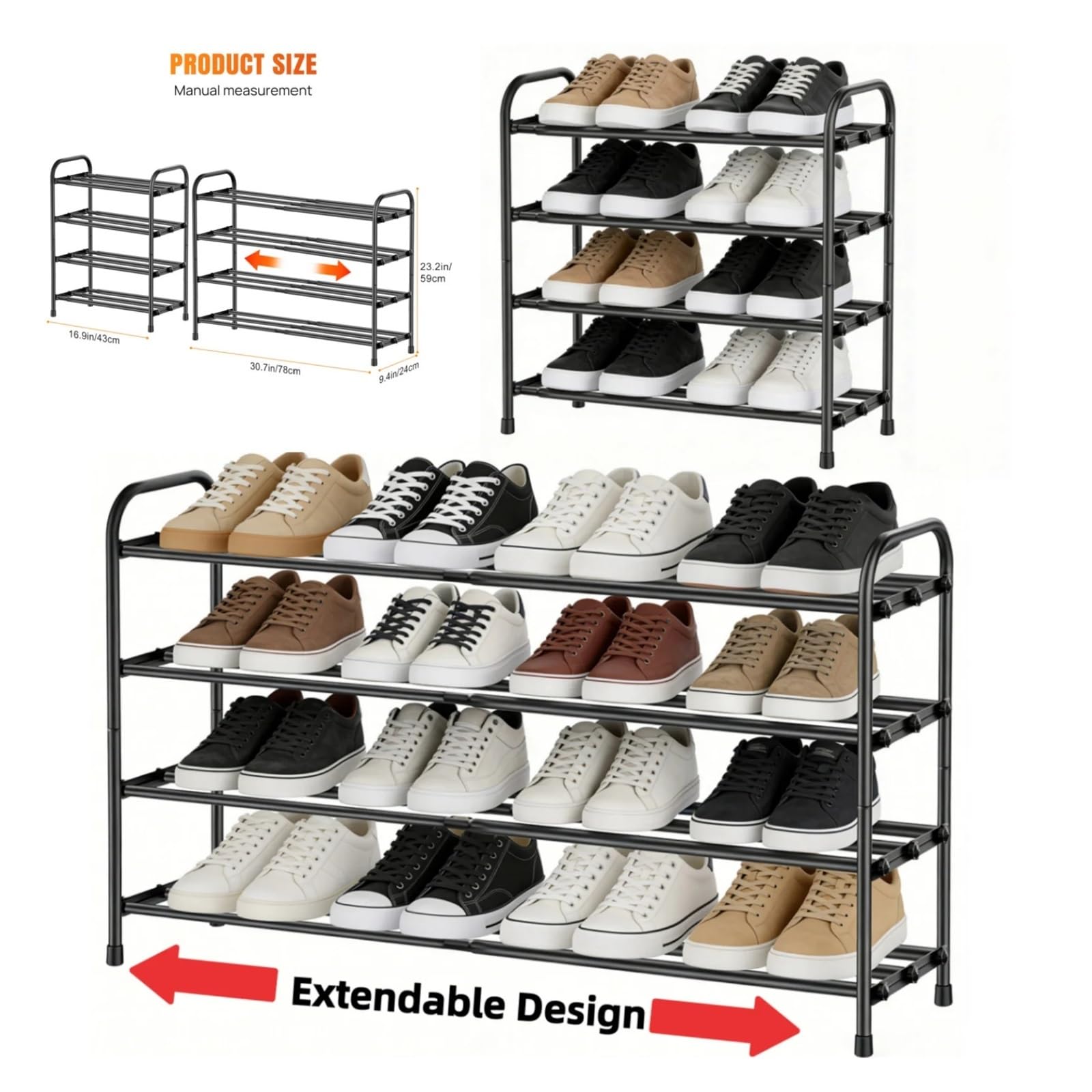 Expandable 2/3/4 Tier Shoe Rack Adjustable Metal Closet