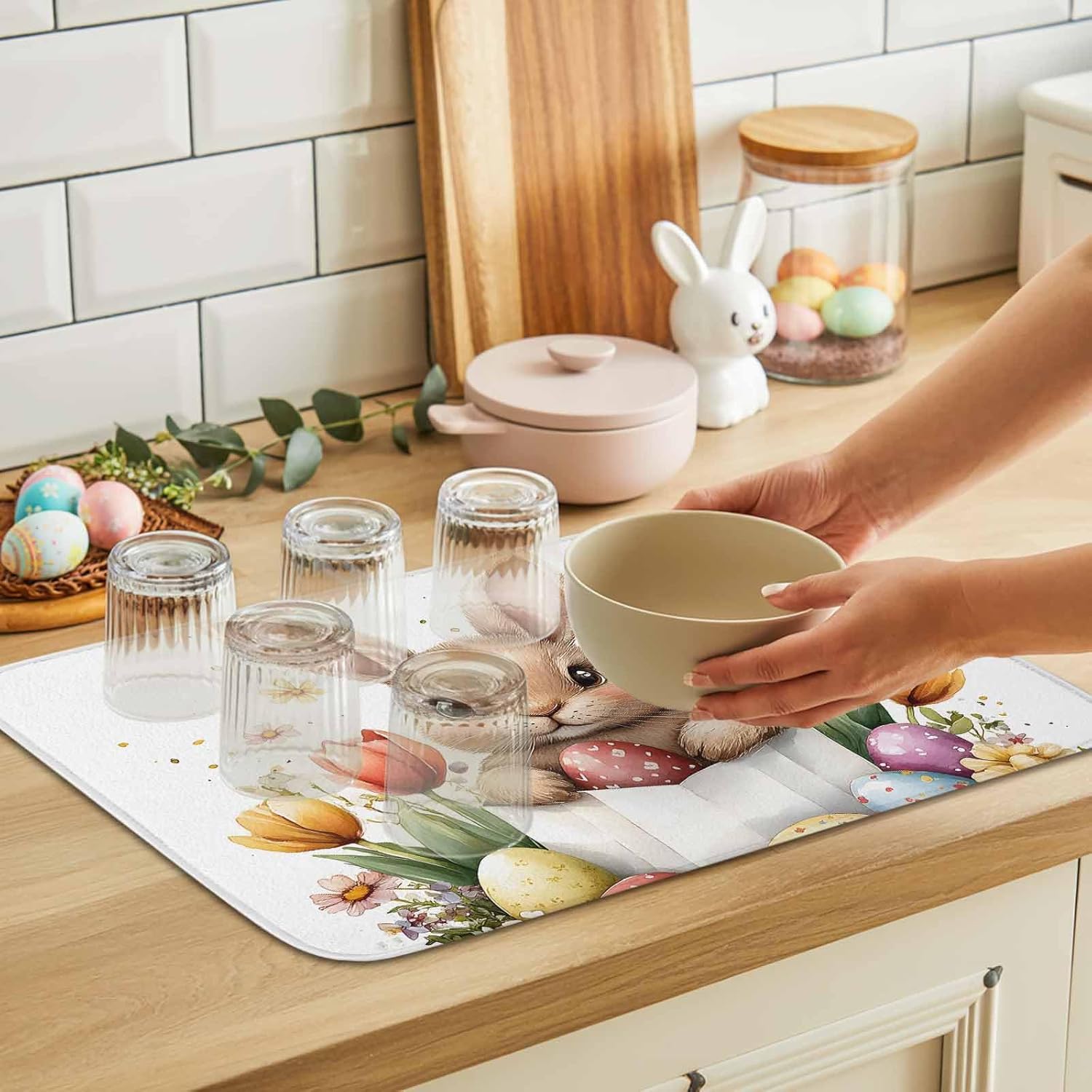 Absorbent Dish Drying Mat for Kitchen Counter,Cute Easter Egg Bunny on White Microfiber Quick Dry Pad Dishes Drainer Rack Mats for Under Sink Utensils 18x24in,2 Pack,Spring Watercolor Flower