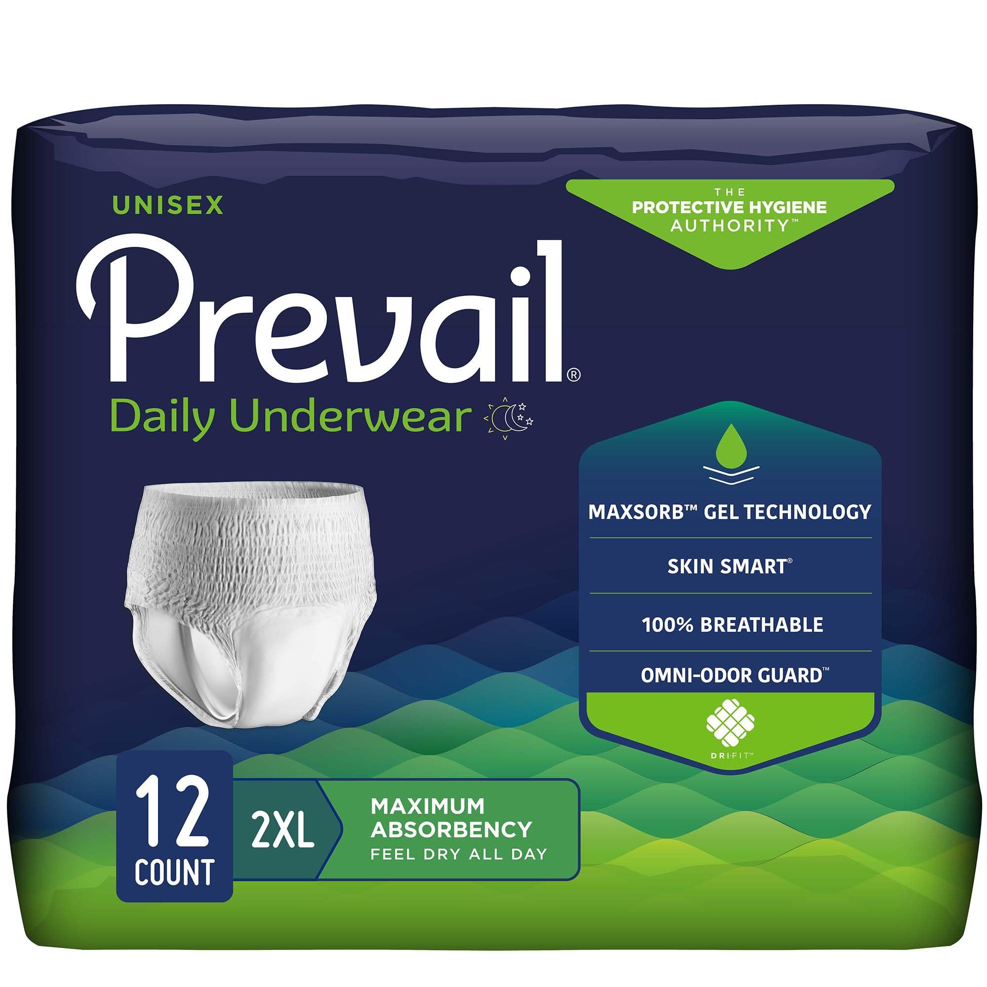 Prevail Daily Protective Underwear, Unisex Disposable Adult Diaper for Men & Women, Maximum Absorbency, XX-Large, 12 Count Bag